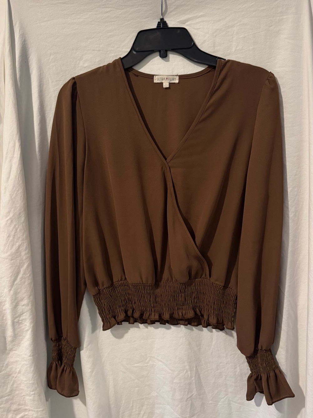 Ultra Flirt Chocolate Brown Wrap-Front Smocked Waist Blouse
